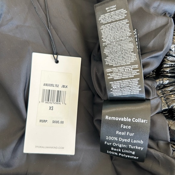 7 for all Mankind Black Crinkle Leather Jacket XS 7FAM Removable Fur Collar - Picture 10 of 11